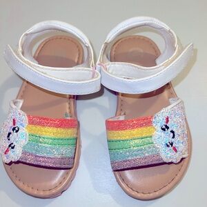 Girls sandals, white with glitter rainbow and Velcro Straps.